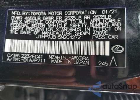 2021 Lexus Ux 250H из США, поврежденный, VIN JTHP9JBH5M2042721